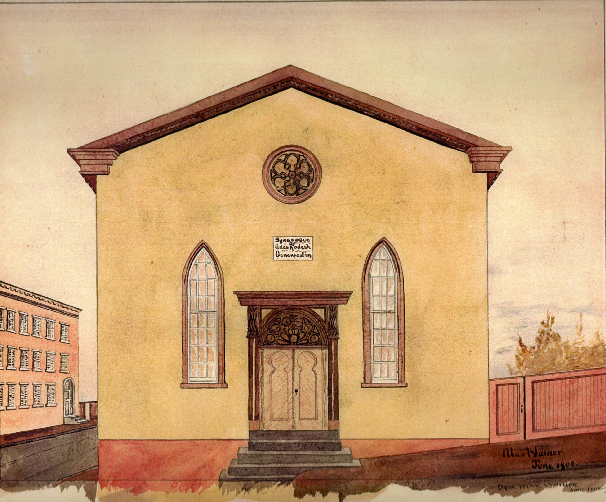 Watercolor painting of Adas Kodesch Synagoue. c. 1904